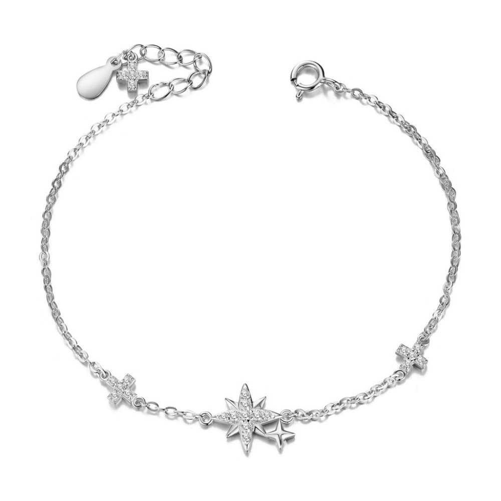 Stars & Cross Cubic Zirconia pave & 925 Sterling Silver Chain Bracelet  extender